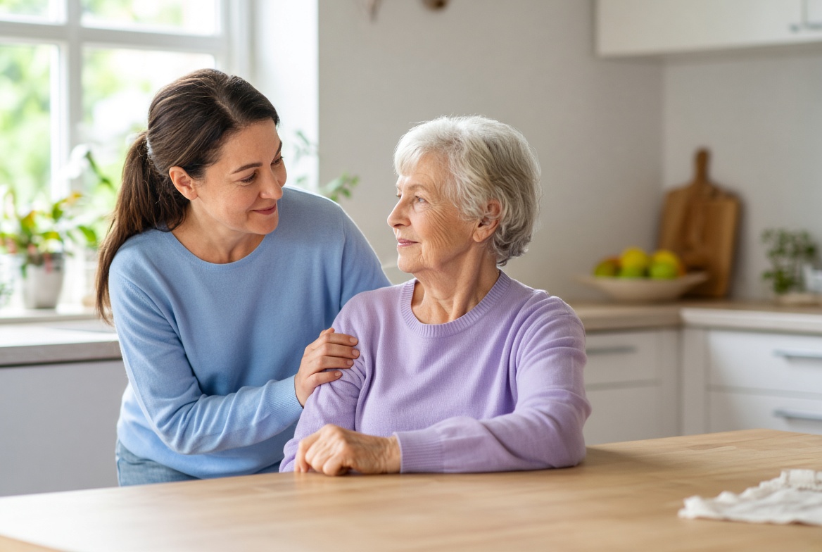 Adult caregiver sitting with an older adult at a kitchen table