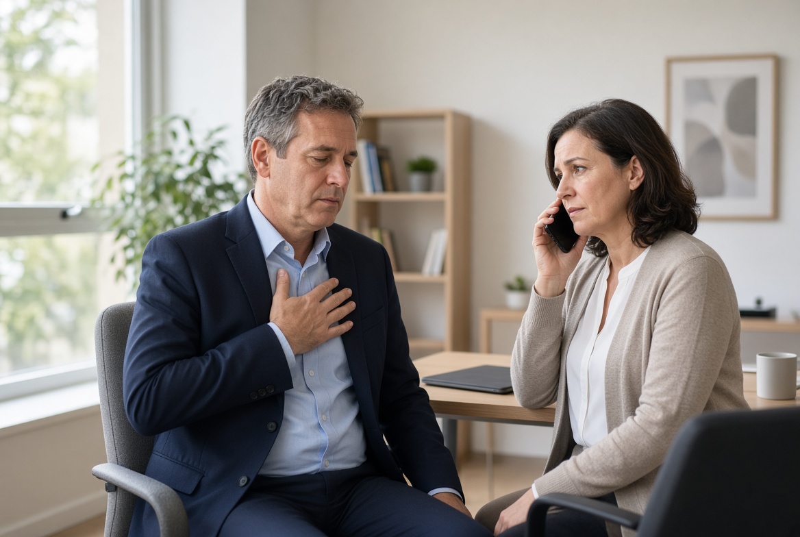 Coworker calling for help while a seated adult holds his chest